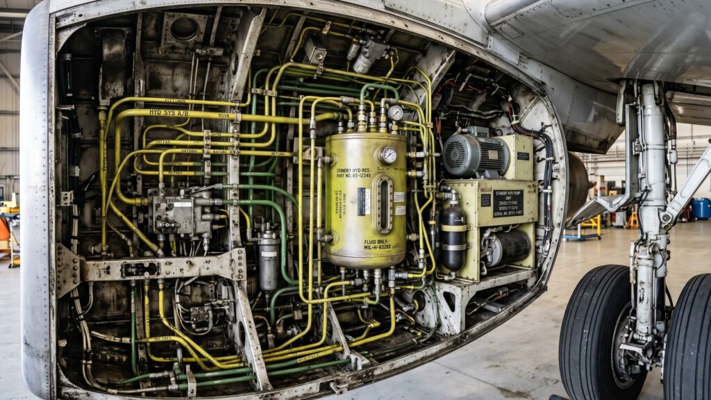 Boeing 737 NG main wheel well showing the 737 NG Standby Hydraulic system reservoir