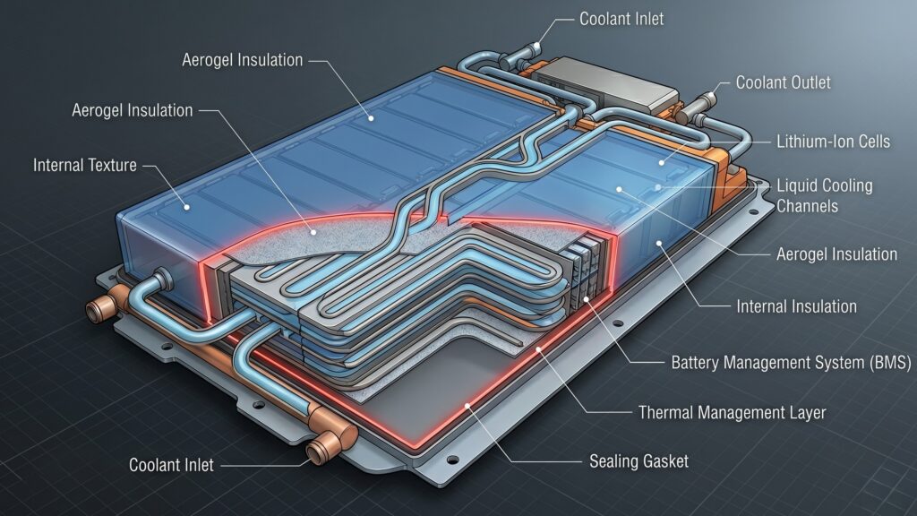 A 3D cross-section of cooling channels and aerogel barriers designed to stop eVTOL battery fires.
