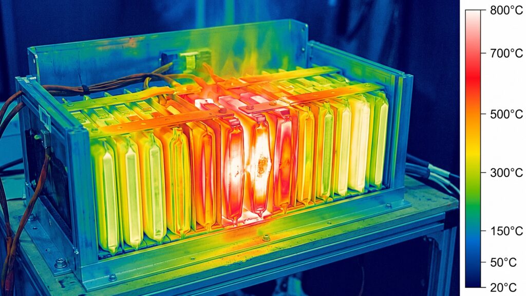 Thermal imaging of battery cells showing the heat load that can cause eVTOL battery fires.