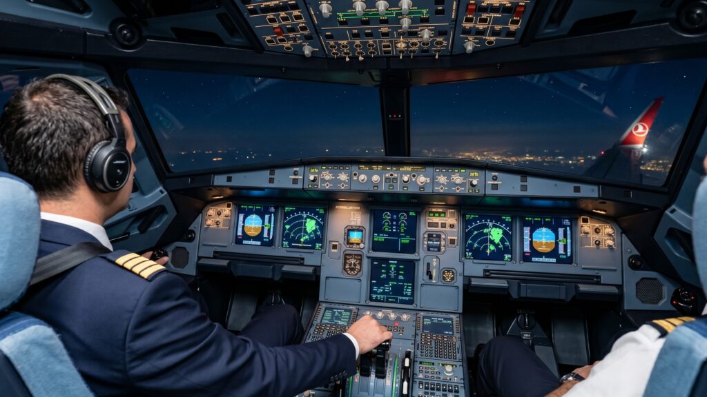 A350-900ULR avionics displays powering up in the Airbus flight deck