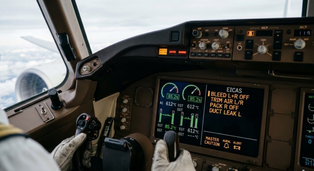 A view of the Boeing 777 cockpit EICAS screen displaying an amber bleed air system message, giving readers a pilot's perspective.