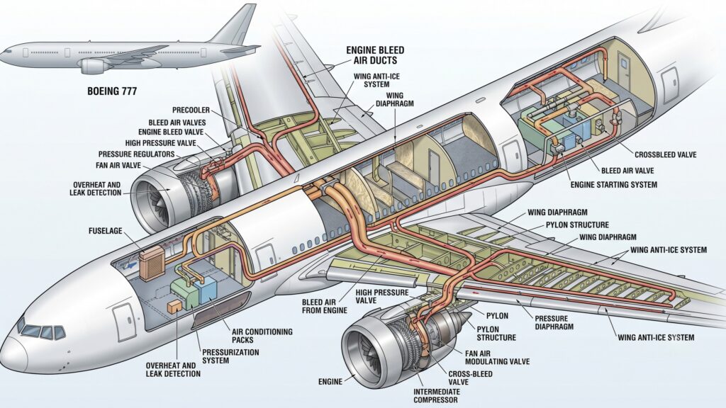 A high-resolution cutaway diagram or technical illustration showing the routing of pneumatic bleed air ducts along the Boeing 777 wing, strut, and fuselage.