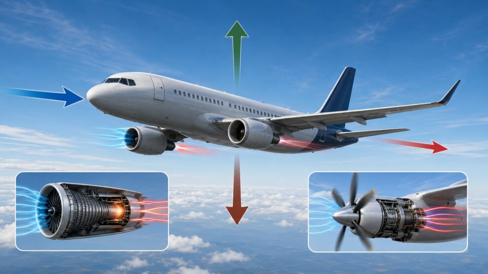 Thrust in aircraft propulsion showing forward force, jet exhaust flow, and propeller airflow