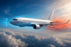 Commercial airliner in flight showing airflow patterns and aerodynamic drag around the aircraft.