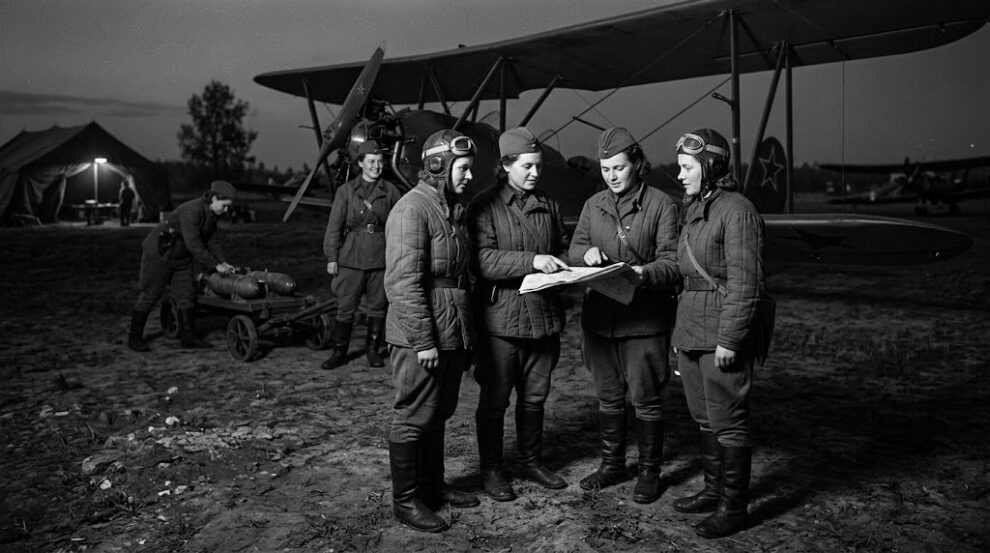 Soviet Night Witches female pilots and crew preparing for a night mission next to a Polikarpov Po-2 bomber. Four pilots are studying a map while a ground crew member pushes a bomb cart.