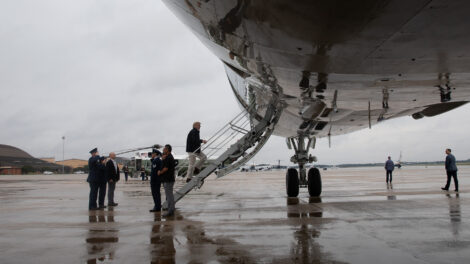 Air Force One bridge aircraft, a modified Boeing 747, unveiled by the U.S. Air Force during a ceremony at Joint Base Andrews.