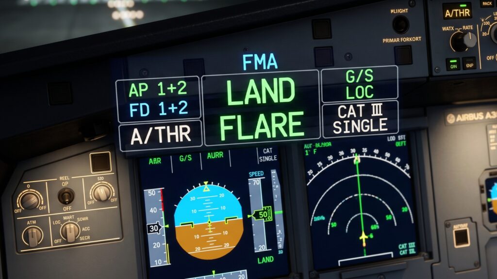 Airbus A350 Primary Flight Display showing autoland FMA