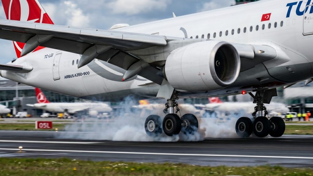 Airbus A350 main landing gear touchdown and decrab maneuver