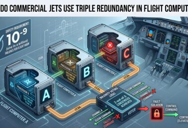 Technical diagram of a triple redundancy flight computer system showing fly-by-wire voting logic and fault isolation.