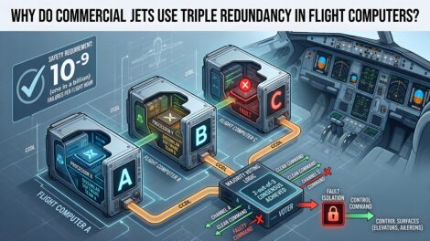 Technical diagram of a triple redundancy flight computer system showing fly-by-wire voting logic and fault isolation.