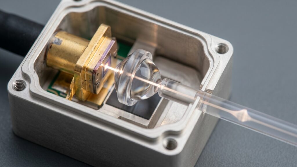 close up of a fly by light architecture transceiver coupling a laser beam into an optical fiber