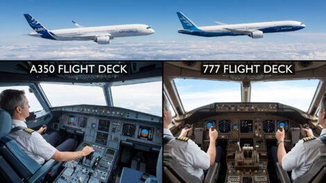 Boeing 777 vs Airbus A350 fly-by-wire logic comparison diagram showing cockpit interfaces