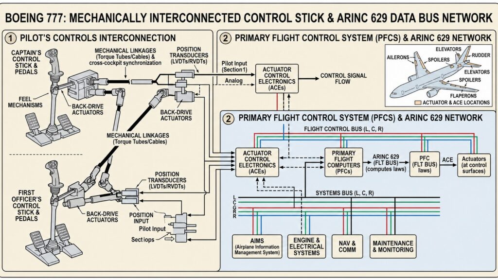 Boeing 777 fly-by-wire logic architecture with ARINC 629 data bus and ACEs