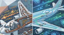 A comparative technical illustration of aircraft flight control systems. The left half shows the Fly-by-Wire (FBW) architecture featuring thick copper wiring networks, cockpit controls, and electrical signal paths with electromagnetic interference symbols. The right half displays the modern Fly-by-Light (FBL) system, highlighting a streamlined airframe with glowing fiber-optic cables and high-speed photon data streams