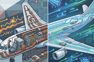A comparative technical illustration of aircraft flight control systems. The left half shows the Fly-by-Wire (FBW) architecture featuring thick copper wiring networks, cockpit controls, and electrical signal paths with electromagnetic interference symbols. The right half displays the modern Fly-by-Light (FBL) system, highlighting a streamlined airframe with glowing fiber-optic cables and high-speed photon data streams