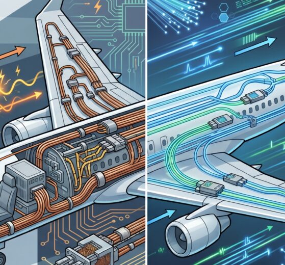 A comparative technical illustration of aircraft flight control systems. The left half shows the Fly-by-Wire (FBW) architecture featuring thick copper wiring networks, cockpit controls, and electrical signal paths with electromagnetic interference symbols. The right half displays the modern Fly-by-Light (FBL) system, highlighting a streamlined airframe with glowing fiber-optic cables and high-speed photon data streams