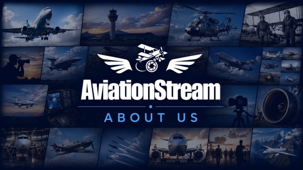 AviationStream About Us banner featuring commercial aircraft, helicopters, aviation photography, airport operations, and historic flight scenes