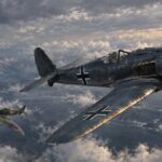 Focke-Wulf Fw 190 and Supermarine Spitfire in a dogfight over the English Channel in 1942