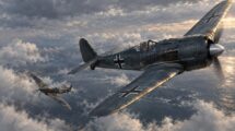 Focke-Wulf Fw 190 and Supermarine Spitfire in a dogfight over the English Channel in 1942
