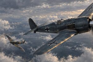 Focke-Wulf Fw 190 and Supermarine Spitfire in a dogfight over the English Channel in 1942