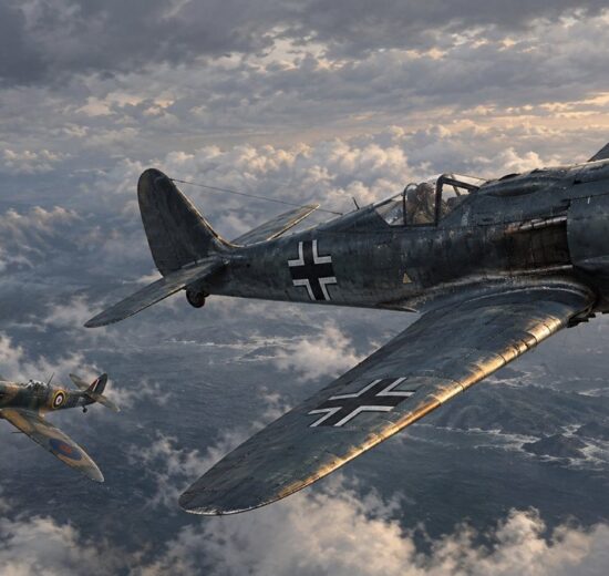 Focke-Wulf Fw 190 and Supermarine Spitfire in a dogfight over the English Channel in 1942