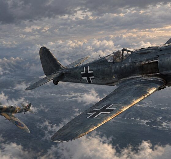 Focke-Wulf Fw 190 and Supermarine Spitfire in a dogfight over the English Channel in 1942