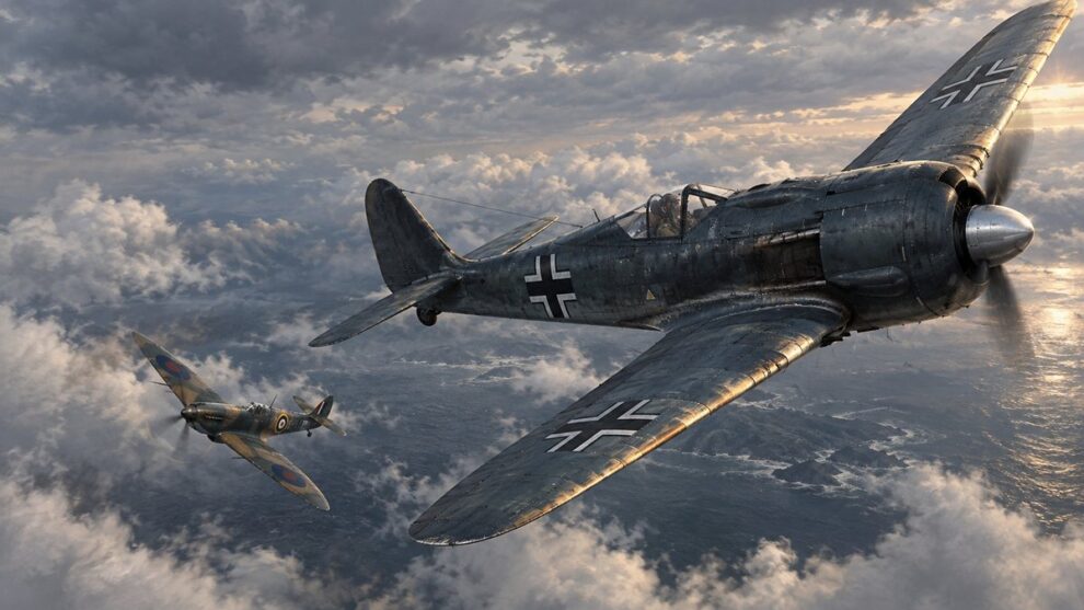 Focke-Wulf Fw 190 and Supermarine Spitfire in a dogfight over the English Channel in 1942